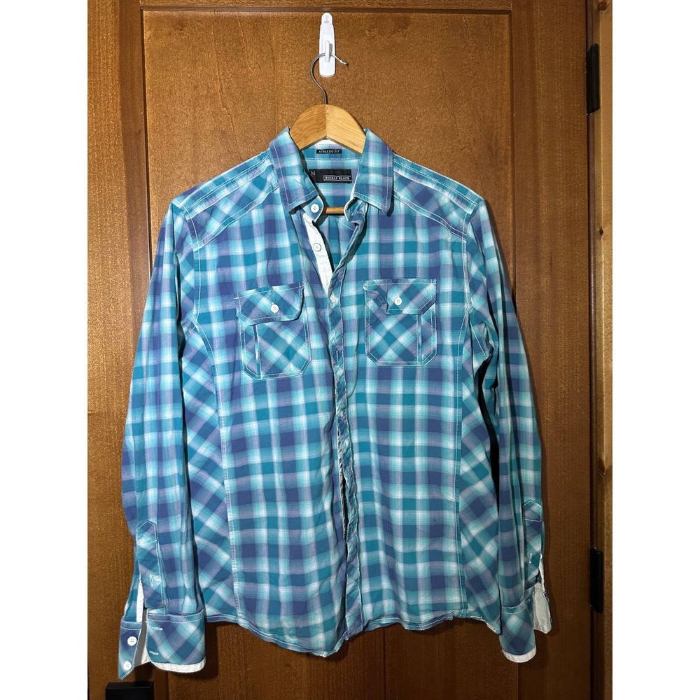 Buckle Black Plaid Shirt Mens Medium Blue Teal Pearl Snap Western Fit